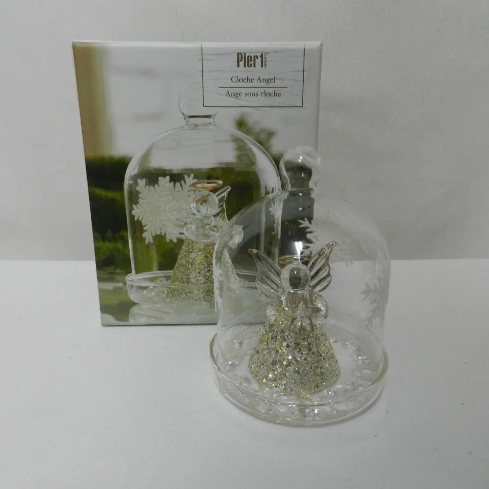 Pier 1 Imports Glass Cloche Angel Christmas Bell Figure Diorama Figurine w/ Box